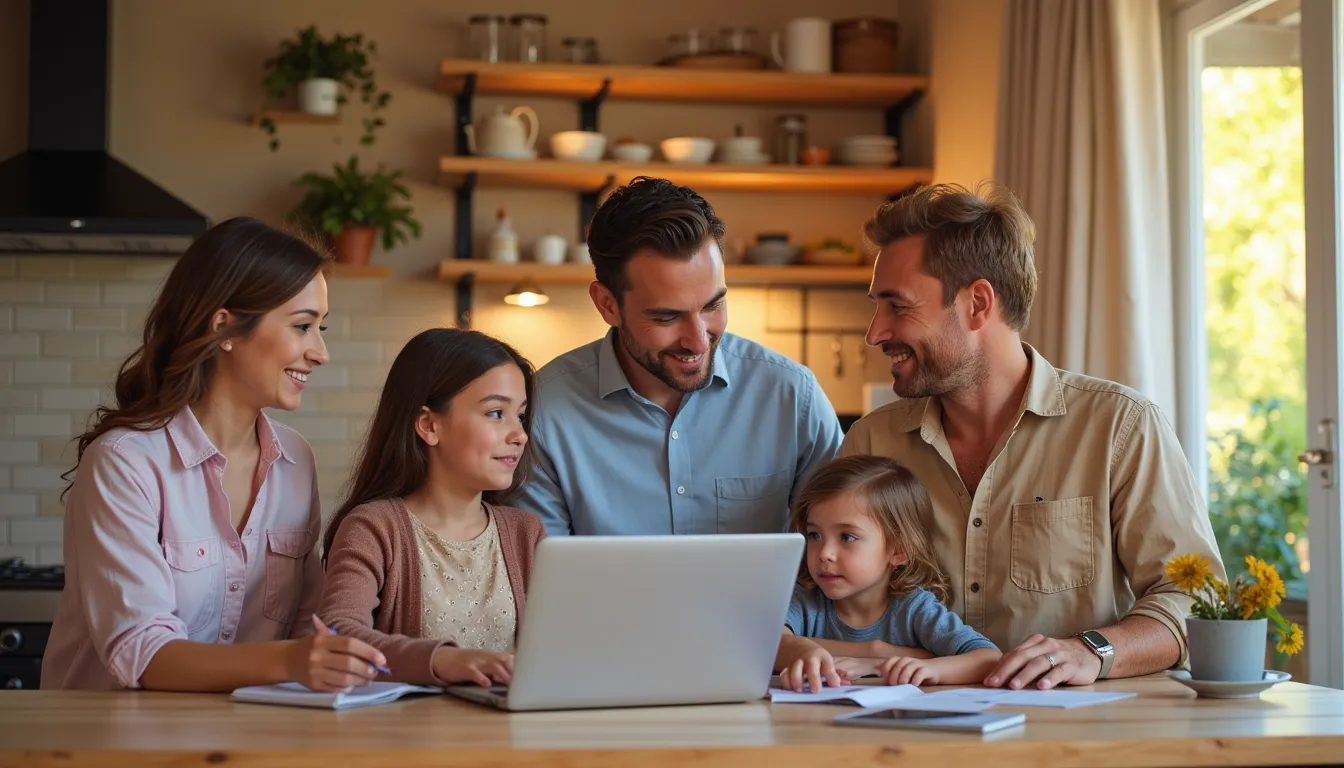 Glückliche vierköpfige Familie am Küchentisch, planen zusammen Budget auf Laptop, warmes Licht, modernes Zuhause, fotorealistisch