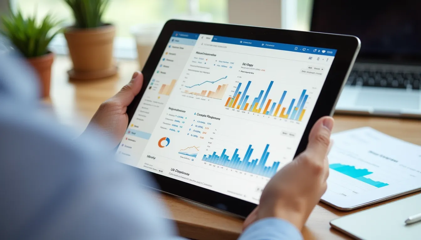 Moderne Banking-App auf Smartphone und Tablet, zeigt Ausgabenübersicht mit bunten Diagrammen, aufgeräumtes Desk-Setup