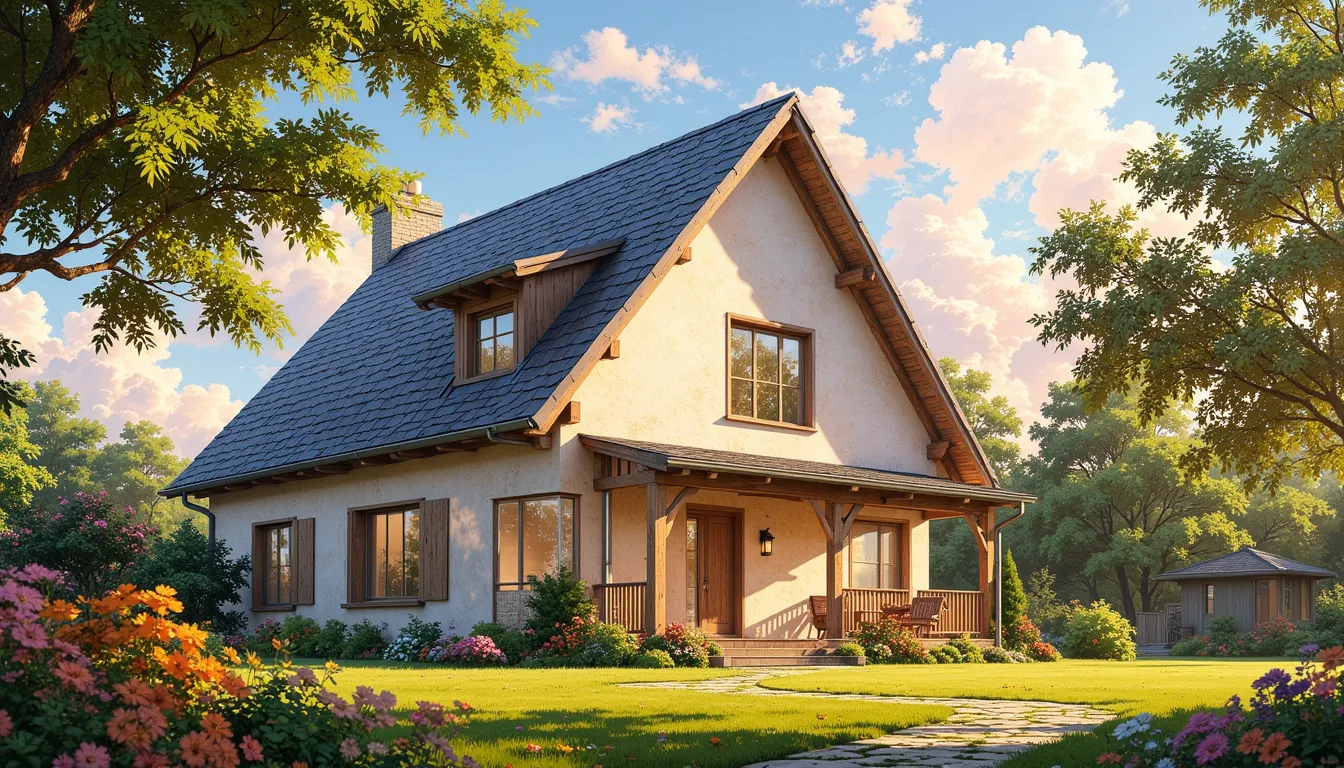 Modernes Einfamilienhaus mit Garten, junge Familie steht vor der Haustür, sonniger Tag