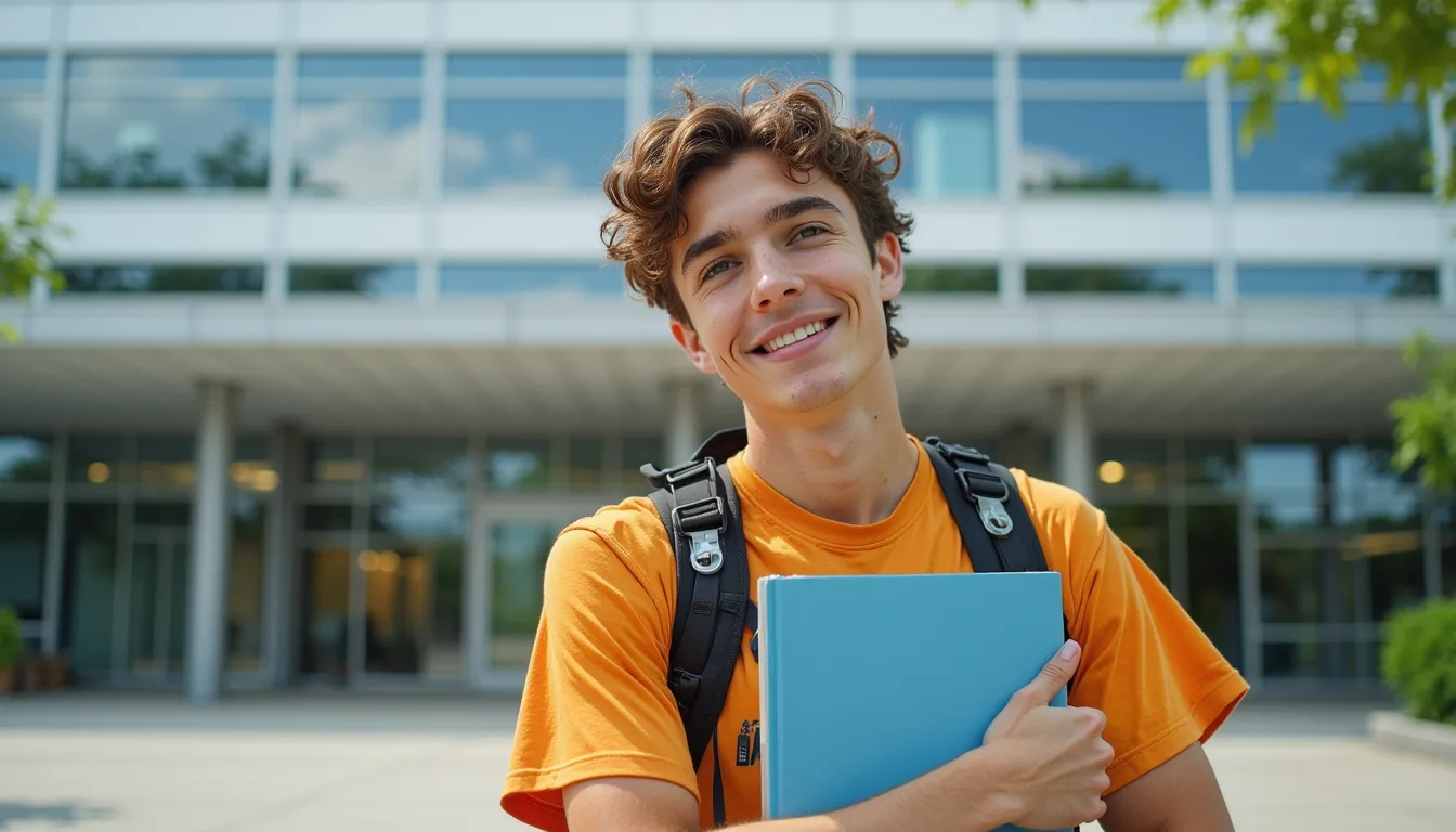 Junger Student vor Universitätsgebäude mit Büchern, optimistischer Ausdruck