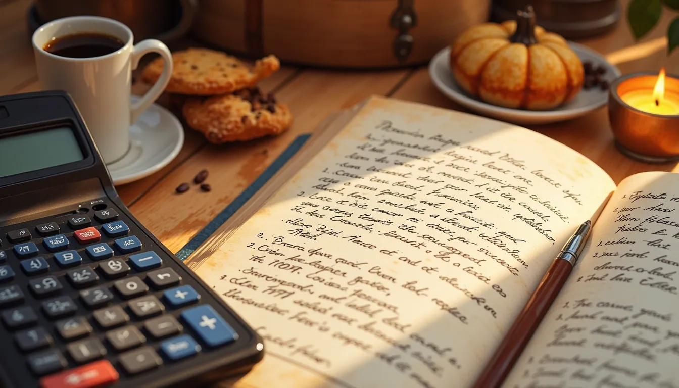 Aufgeschlagenes Haushaltsbuch mit handschriftlichen Einträgen, Taschenrechner, Kaffeetasse, gemütliche Atmosphäre, warme Farben