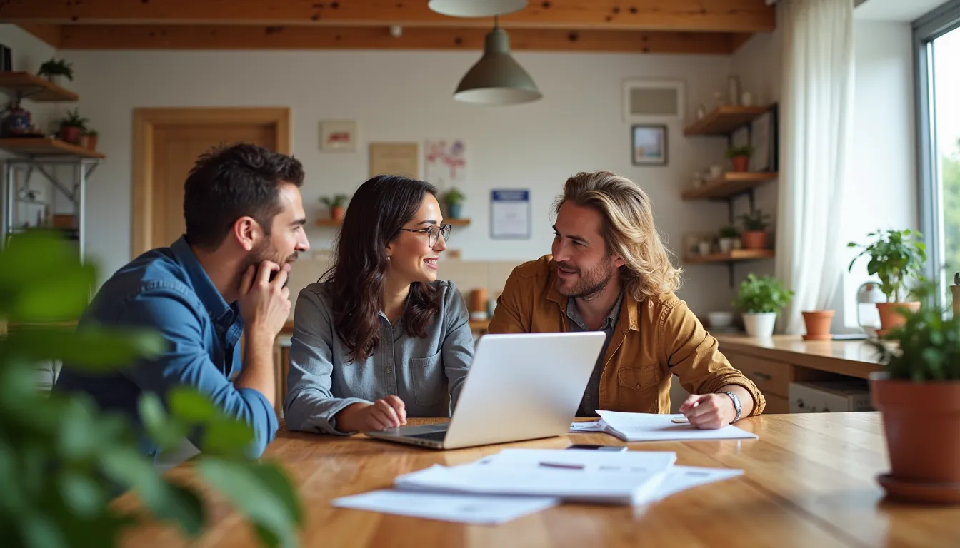 Familie am Esstisch mit Laptop, diskutiert Finanzen